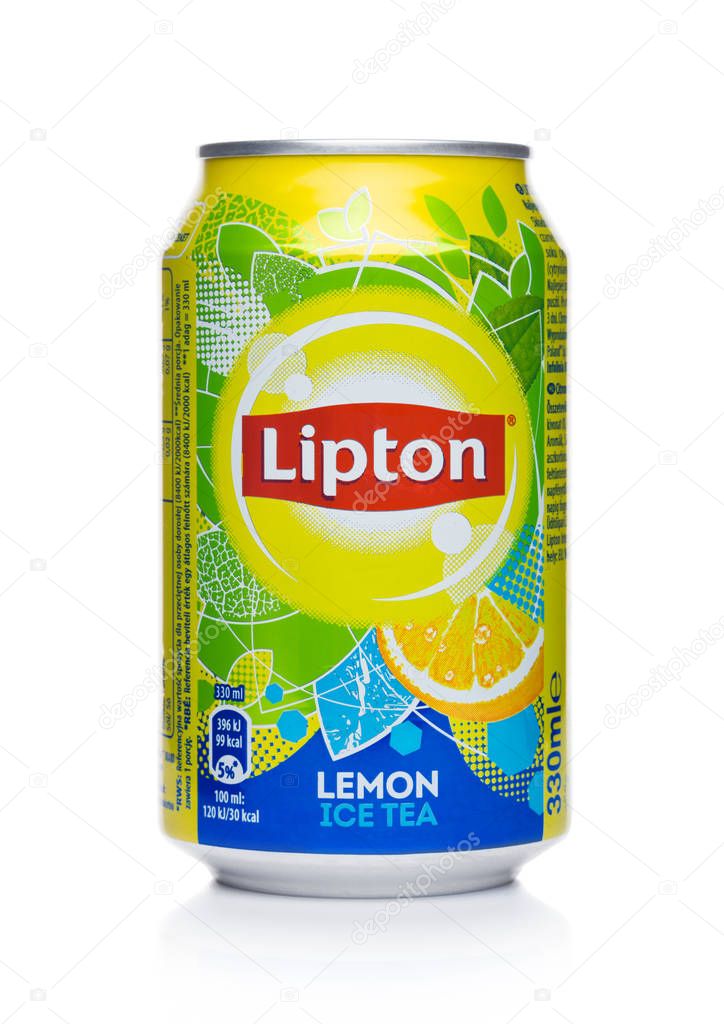 LONDON, UK - JANUARY 24, 2018: Aluminium can of Lipton ice tea with lemon on white background
