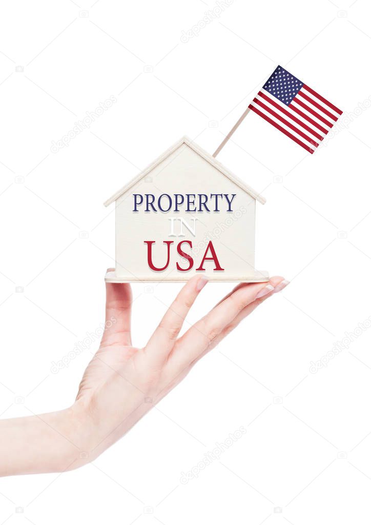Female hand holding wooden house model with flag