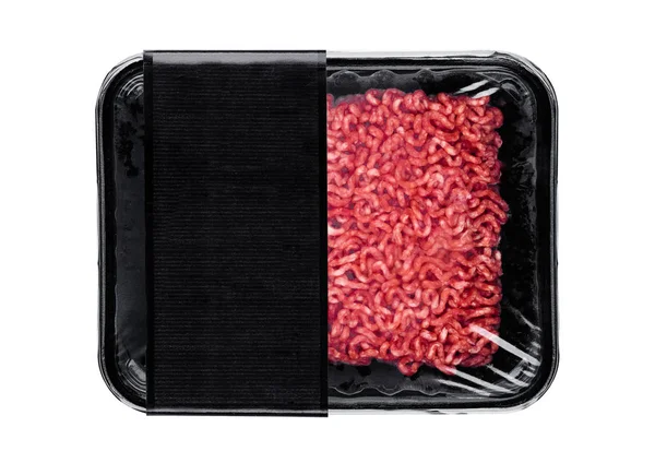Plastic tray with raw fresh beef minced meat — Stock Photo, Image