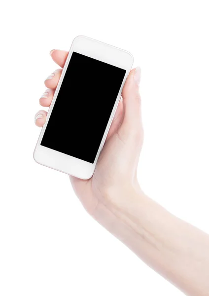 白で隔離されるスマート フォンを持っている女性の手 — ストック写真