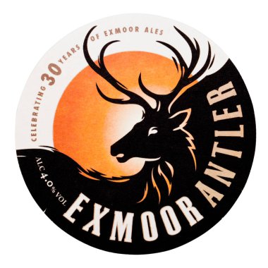 Londra, İngiltere - 04 Şubat 2018: beyaz izole Exmoor boynuz beermat bardak altlığı.