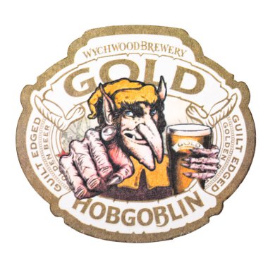 Londra, İngiltere - 04 Şubat 2018: beyaz izole Hopgoblin altın özgün beermat coaster.