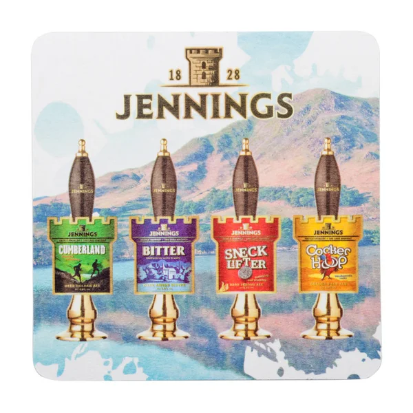 LONDRES, Reino Unido - FEVEREIRO 04, 2018: Jennings original beermat coaster isolado em branco — Fotografia de Stock