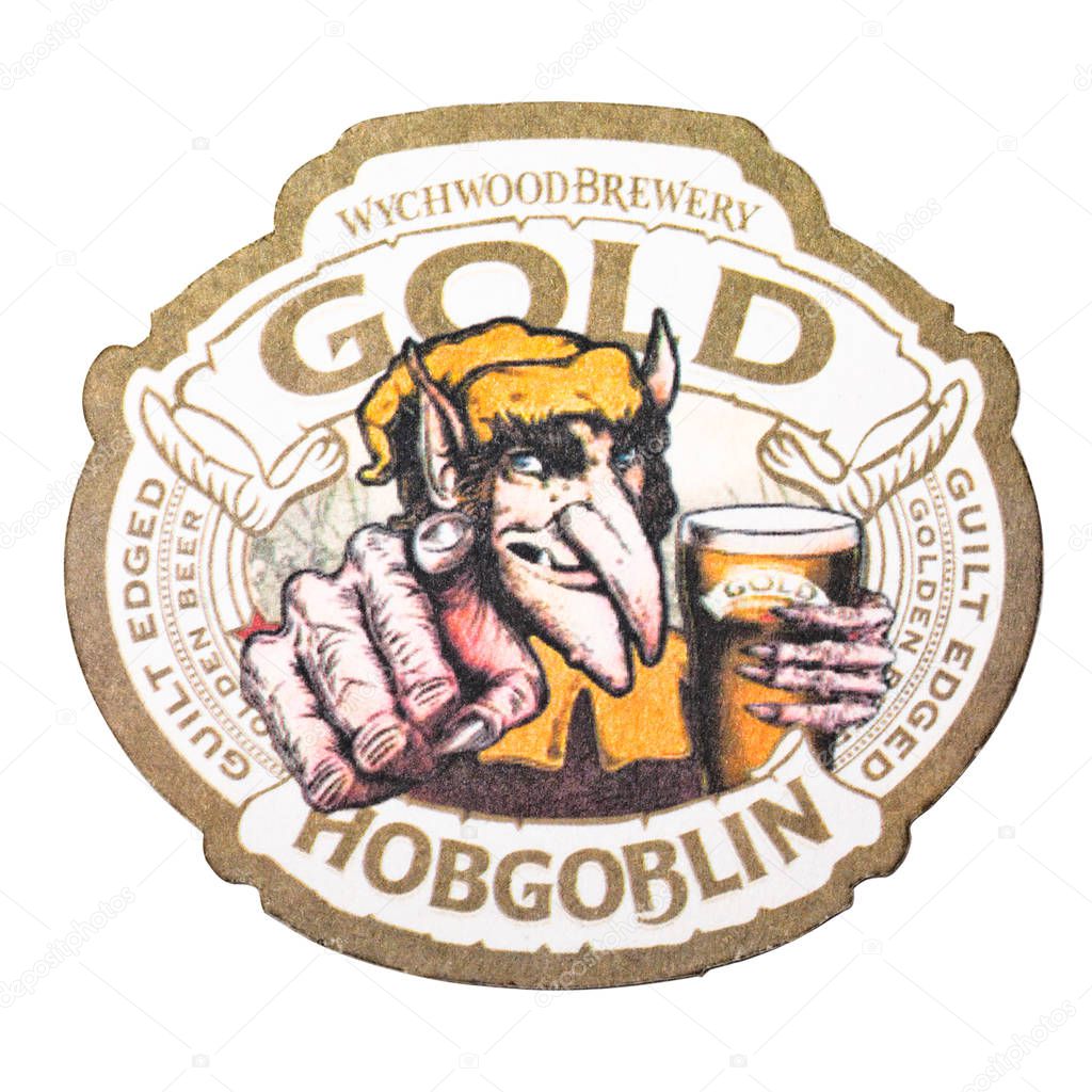 LONDON, UK - FEBRUARY 04, 2018: Hopgoblin gold original beermat coaster isolated on white background