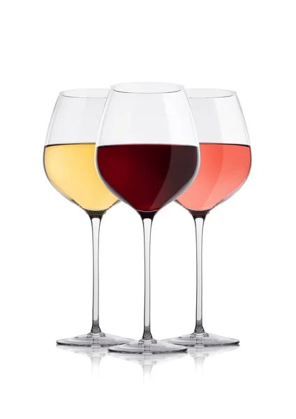 Glasses of white red and pink rose wine on white — Stock Photo, Image