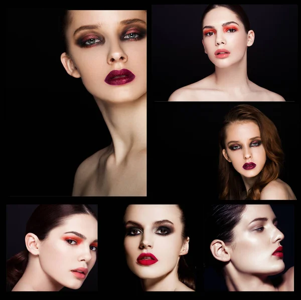 Collage belleza ahumado ojos labios rojos maquillaje modelo — Foto de Stock