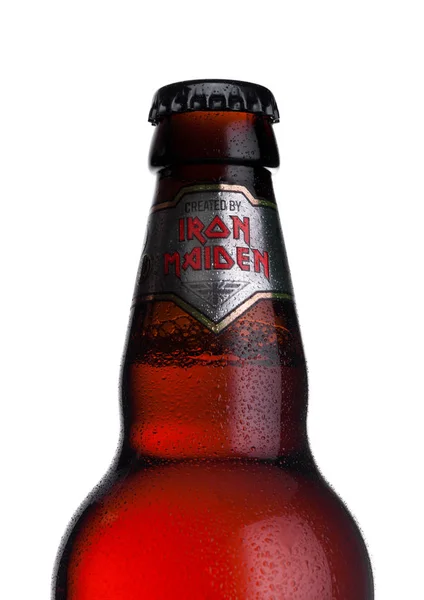 LONDON, UK - FEBRUARY 14, 2018: Cold Bottle of Trooper Premium British Beer on white. Created by Iron Maiden. — Stock Photo, Image