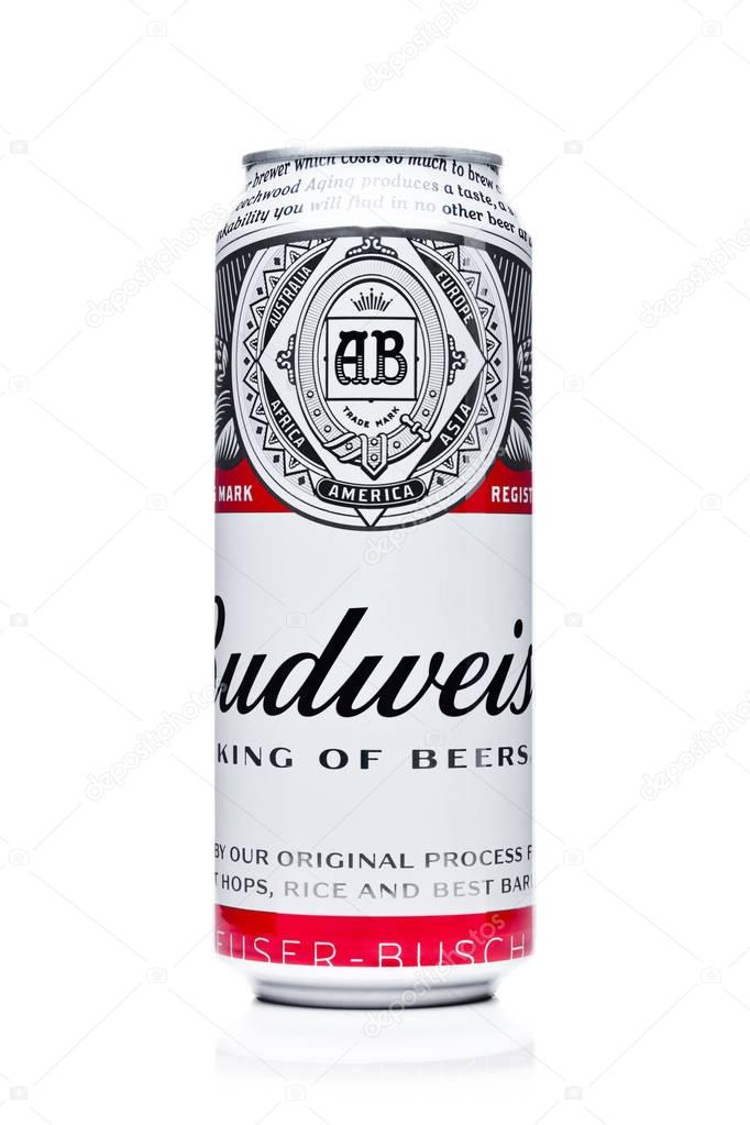 LONDON, UK - FEBRUARY 14, 2018: Aluminium can of Bidweiser beer on white background.