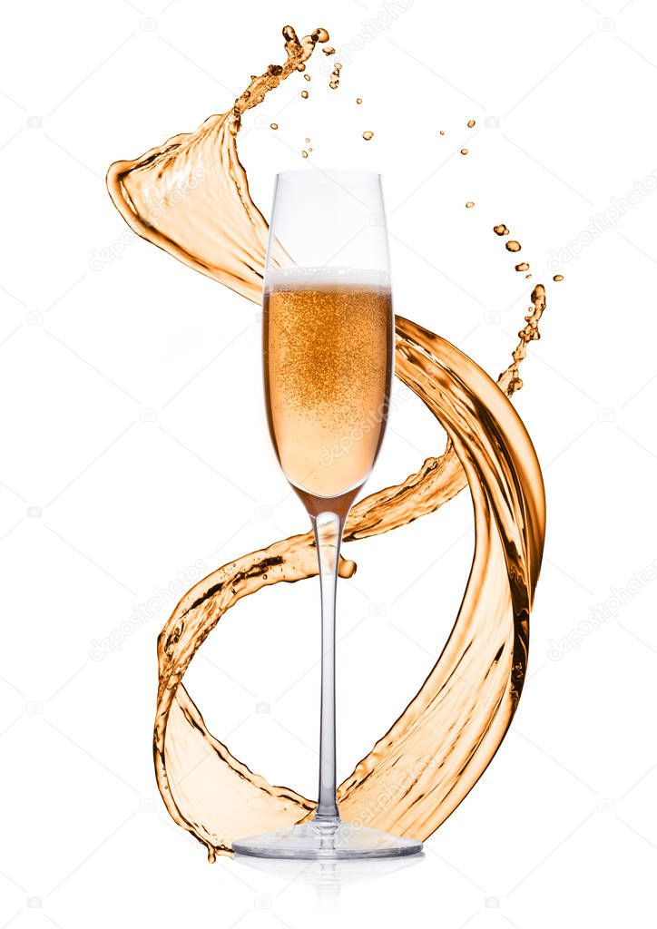 Glass of pink rose champagne splashes and bubbles 