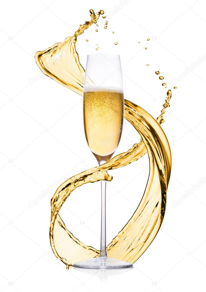 Glass of yellow champagne splashes and bubbles 