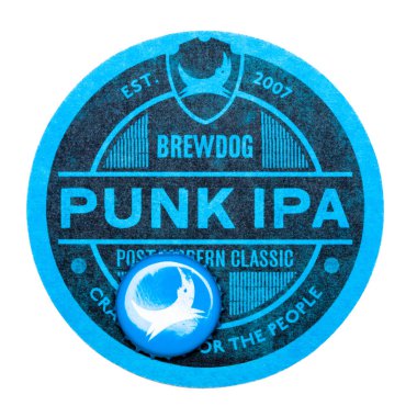Londra, İngiltere - 01 Mart 2018: beyaz izole Brewdog punk IPA zanaat bira özgün beermat bardak altlığı.