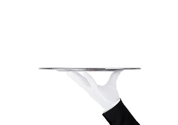 Servant white glove holds stainless steel tray — Stock Photo, Image