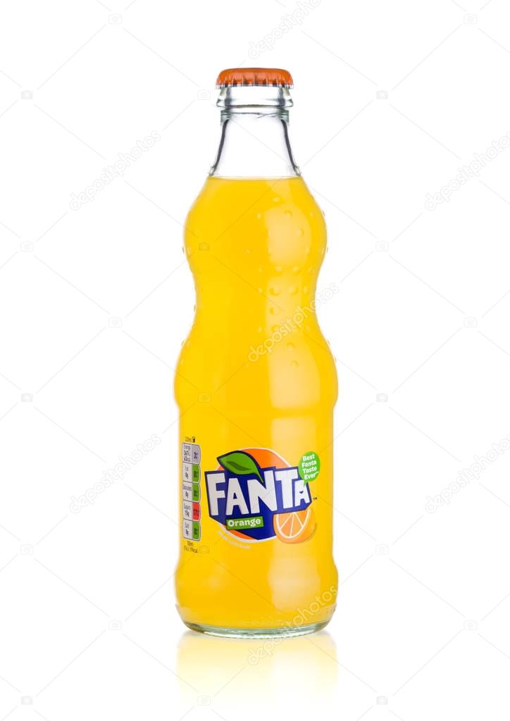 LONDON, UK - MARCH 01, 2018: Glass bottle of Fanta orange soft drink on white background.
