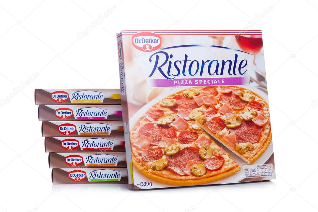 LONDON, UK - MARCH 01, 2018: Boxes of Dr.Oetker Pizza Speciale on white background with reflection.