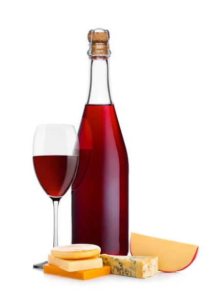 Bottle of homemade red wine with cheese selection — Stock Photo, Image