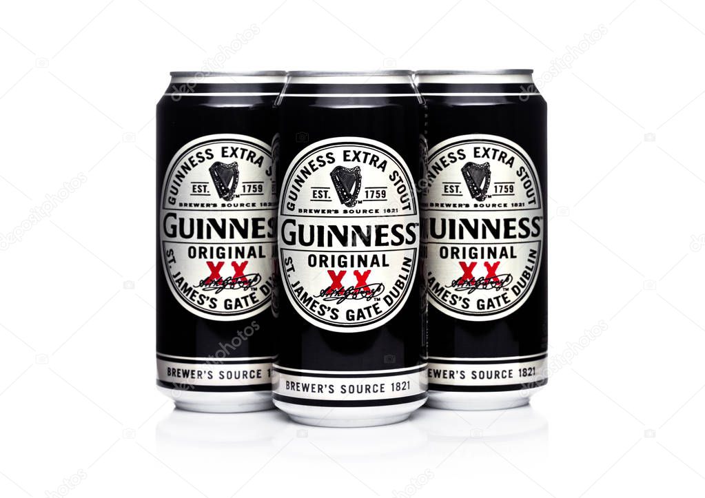 LONDON, UK -MARCH 22, 2018: Aluminium cans of Guinness original beer on white background.Guinness beer has been produced since 1759 in Dublin, Ireland.