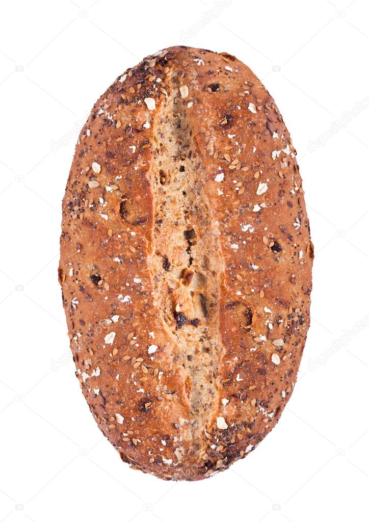 Freshly baked  loaf of bread with oats on white