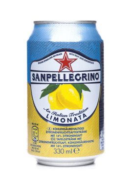 LONDON, UK - APRIL 27, 2018: Aluminium can of San Pellegrino sparkling lemon soda drink on white. Imported from Italy and distributed by Nestle. clipart