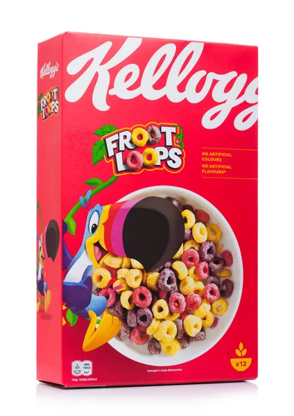 LONDRES, Reino Unido - 10 de noviembre de 2019: Caja de cereales Kellogg 's Fruit Loops sobre fondo blanco . —  Fotos de Stock