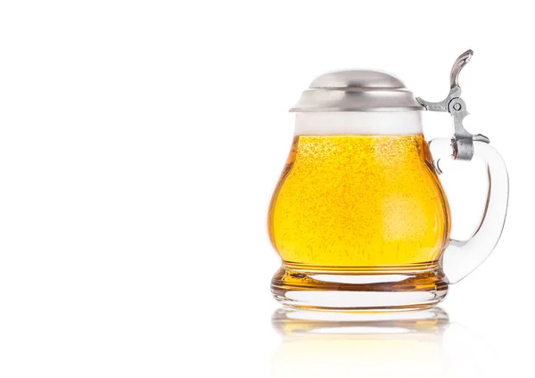 Vintage retro glass of lager ale beer with foam. Glass handle with silver steel top. — Stock Photo, Image