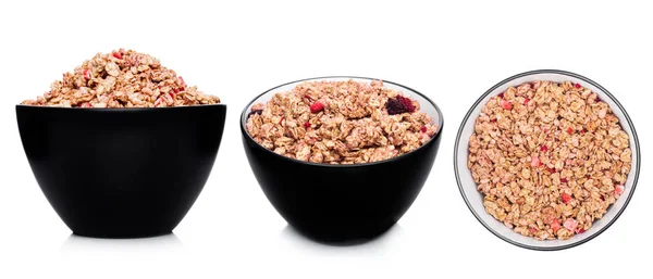 Ciotola nera con cereali naturali biologici di granola — Foto Stock
