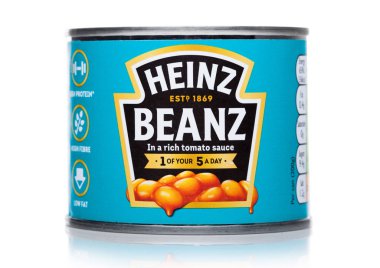 LONDON, UK - FEBRUARY 12, 2020: Tin of Heinz Beans in a rich tomato sauce on white, traditional British food  clipart