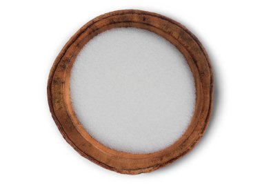 Tahta kase, beyaz üzerine doğal beyaz rafine şeker. Üst görünüm