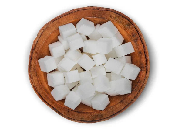 Cuenco Madera Cubos Naturales Azúcar Blanco Sobre Blanco —  Fotos de Stock