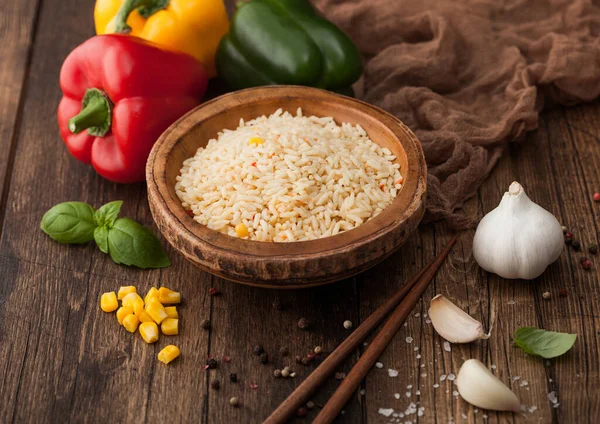 Wooden Bowl Boiled Long Grain Basmati Rice Vegetables Wooden Table — Stock Photo, Image