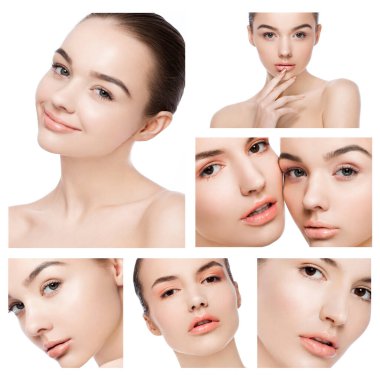 Pembe ve beyaz arka planda doğal makyajlı güzel modeller.