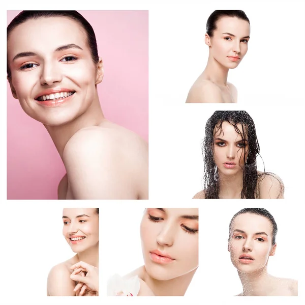 Collage Beauty Cute Fashion Model Natural Make Pink White Pink — Stock Photo, Image