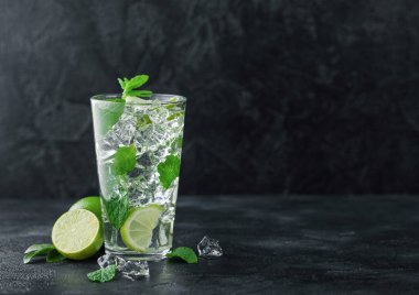 Buzlu mojito kokteyli. Nane şekeri ve taze limonlu limon. Köpüklü ferahlatıcı su. Metin için boşluk