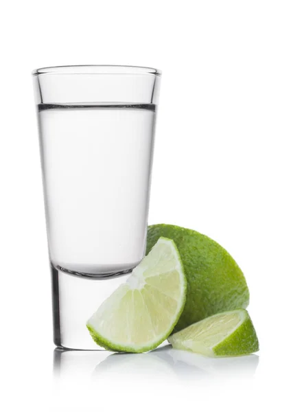 Glass Shot Silver Tequila Lime Slices White Background — Stock Photo, Image