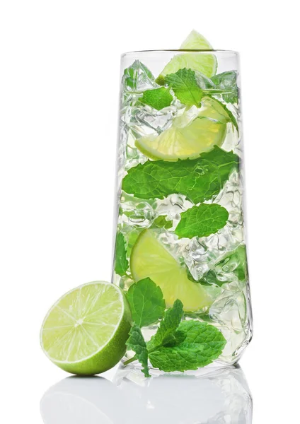 Glass Mojito Summer Alcoholic Cocktail Ice Cubes Mint Lime White — Stock Photo, Image