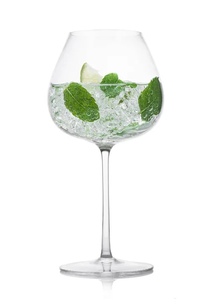 Glass Fresh Sparkling Water Lemonade Mint Ice Cubes Lime Slice — Stock Photo, Image