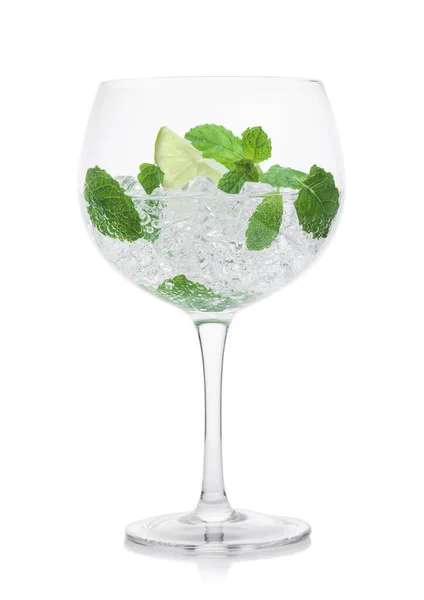 Glass Fresh Sparkling Water Lemonade Mint Ice Cubes White Background — Stock Photo, Image