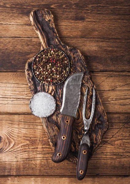 Tenedor Vintage Cuchillo Para Carne Sobre Tabla Cortar Madera Con — Foto de Stock