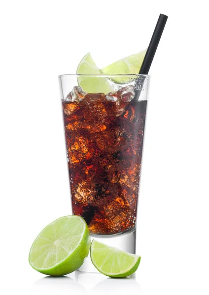 Cuba Libre Cocktail Luxury Tall Glass Ice Cubes Slices Lime — Stock Photo, Image