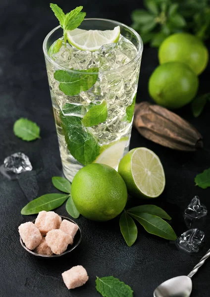 Copo Coquetel Mojito Com Cubos Gelo Hortelã Limão Sobre Placa — Fotografia de Stock