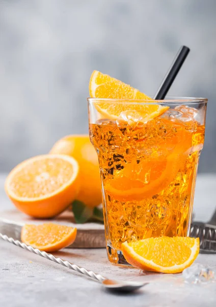 Aperol Spritz Summer Cocktail Highball Glass Oranges Bar Spoon Light — Stock Photo, Image