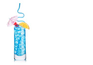 Blue lagoon cocktail highball glass with straw and orange slice with sweet cherry and umbrella on white background. Vodka and blue curacao liqueur mix. Space for text clipart