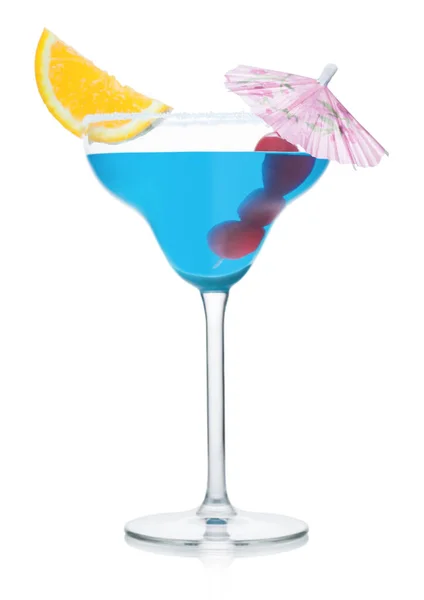 Blauwe Lagune Zomer Cocktail Margarita Glas Met Oranje Plak Zoete — Stockfoto