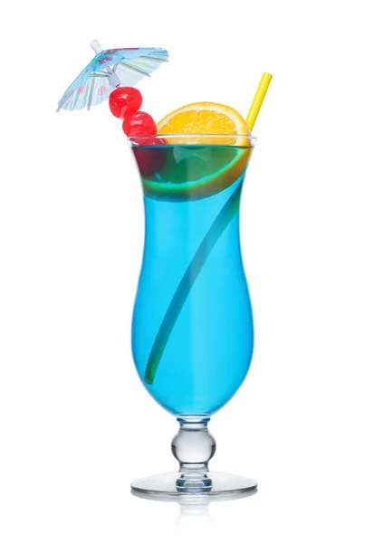 Blue Lagoon Cocktail Classic Glass Straw Orange Slice Sweet Cherry — Stock Photo, Image