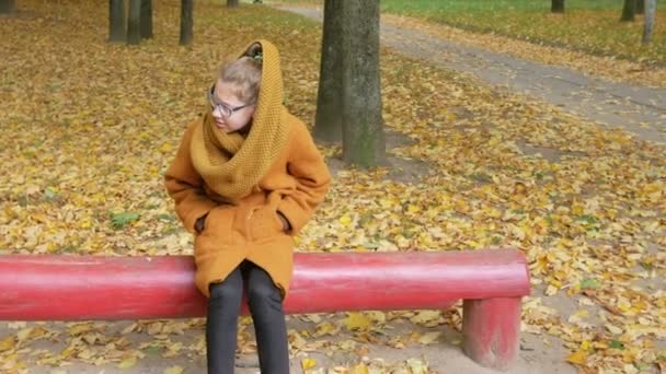 Die Tochter seines Vaters lange auf der Bank Herbstpark warten. Papa kommt herein und sie ist mit der Verzögerung unzufrieden. Doch die Geschäfte gehen weiter — Stockvideo