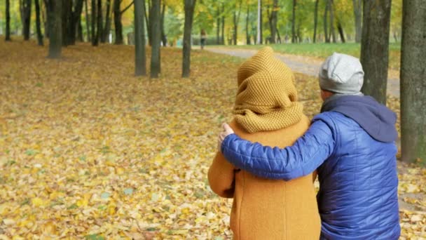 Отец с дочерью отдыхают в парке осенью. Папа и подросток улыбаются и смотрят на красивый пейзаж — стоковое видео