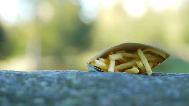 Papas fritas descansa en una calle de piedra en el paquete. Hermosa comida rápida, moviendo la cámara . — Vídeo de stock