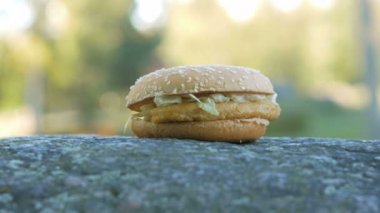 Kayanın üzerinde yalan tavuk hazır güzel hamburger. Bulanık insanlar yürürken, insanlar arka planı. kamera hareketli