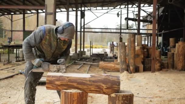 Εργαζόμενος κατασκευή πλάνισμα ένα κομμάτι του ξύλου για ένα οικοδομικό έργο. Κατασκευή αλέθει χέρι ηλεκτρικό αεροπλάνο. Στο πλαίσιο της οι εγκαταστάσεις του εργοστασίου, αργή κίνηση — Αρχείο Βίντεο