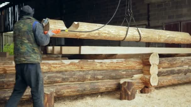 Bouwer verhoogt houten hout met Overhead Lier kraan. Een man houdt een logboek en het overbrengen van de toekomstige woning — Stockvideo