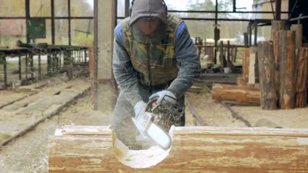 Man gör lockigt sågning av trä motorsåg. Loggen kommer att ingå i framtidens trähus. Skyddande ansiktsmask på framsidan byggaren och en hel del sågspån. — Stockvideo